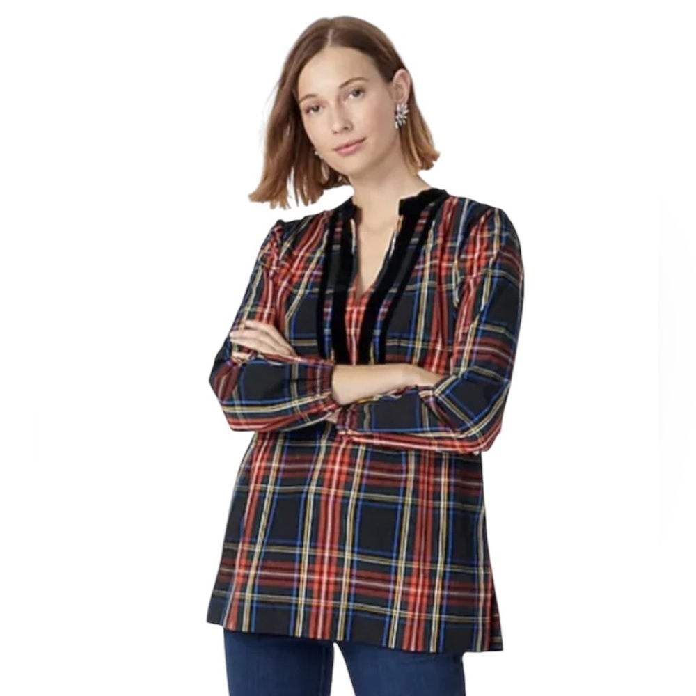 J. Crew Velvet Trimmed V neck Cotton Tunic in Black Stewart Tartan Plaid Size S
